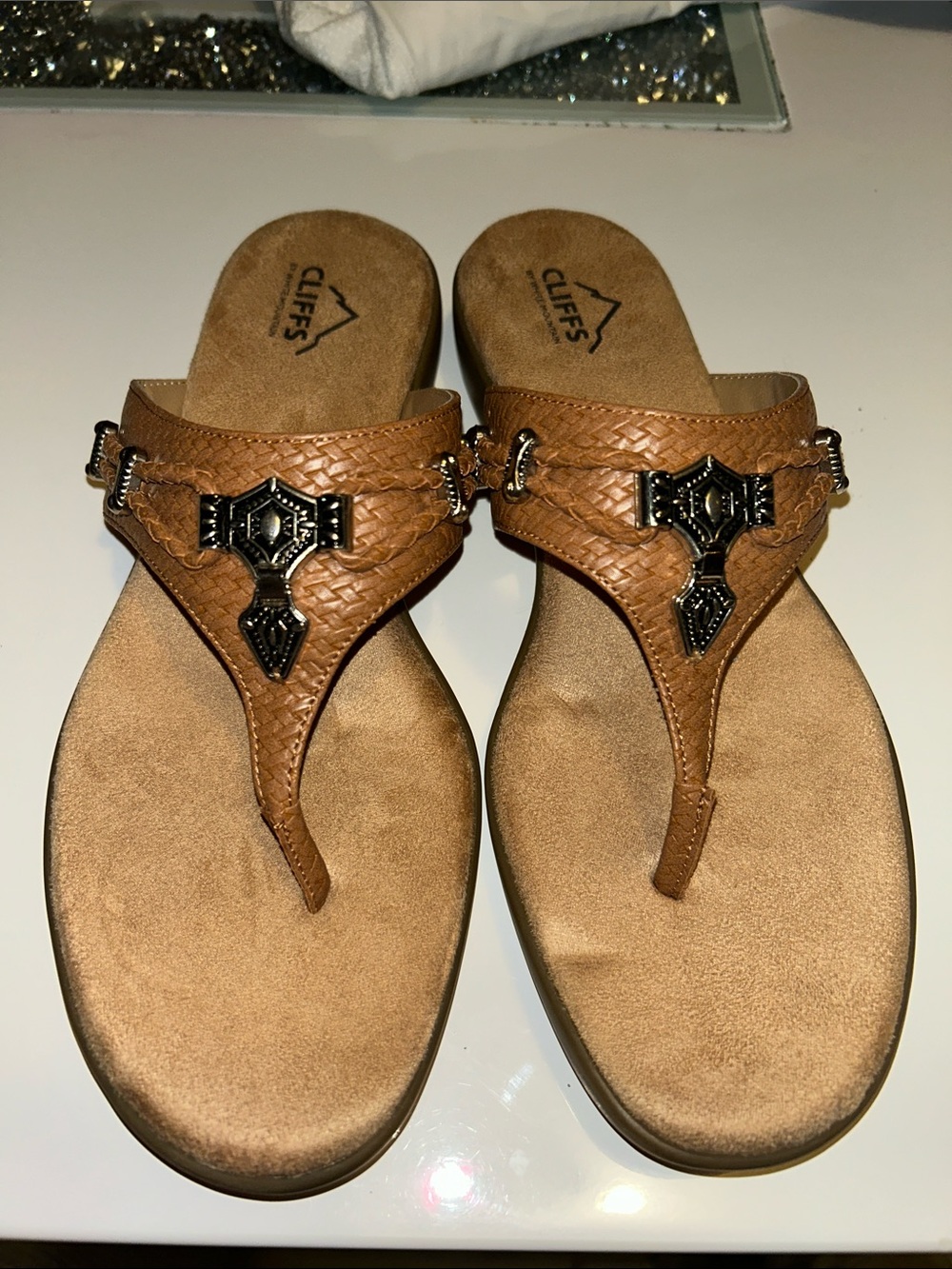 White Mountain Brown Braided Thong Sandals with Metal Accents